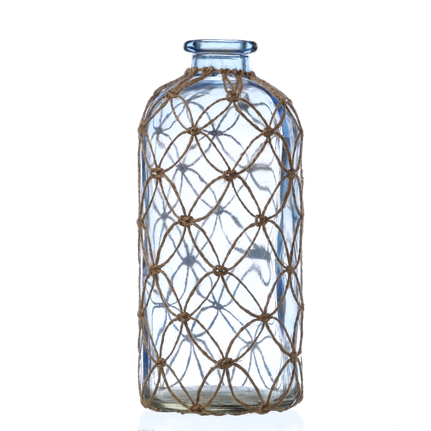 Dekoflasche MARITIM mit Netz - Glasvase - Juteseil Deko - H: 25cm - hellblau