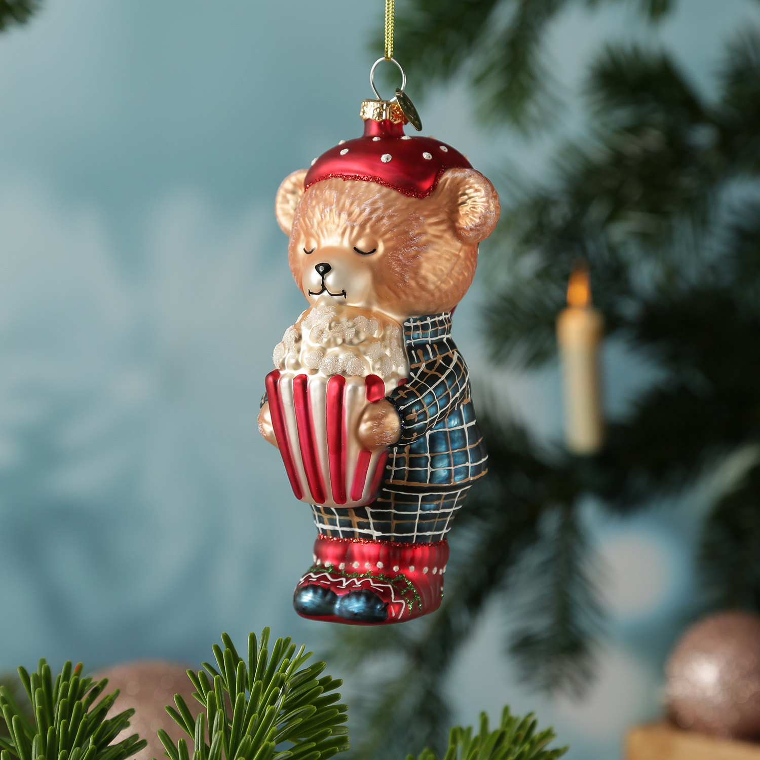 Weihnachtsbaumschmuck Bär im Schlafanzug mit Popcorn - Christbaumschmuck - Glas - H: 13cm