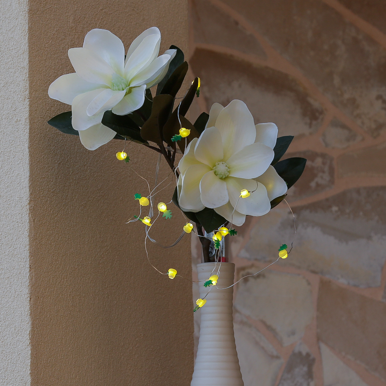 LED Drahtlichterkette Ananas - 20 warmweiße LED - Batteriebetrieb - L: 1,9m - gelb/grün