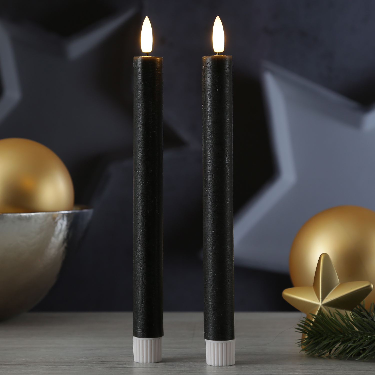 LED Stabkerzen LINA - Rustik-Optik - Echtwachs - 3D Flamme - H: 24cm - Timer - grau - 2er Set