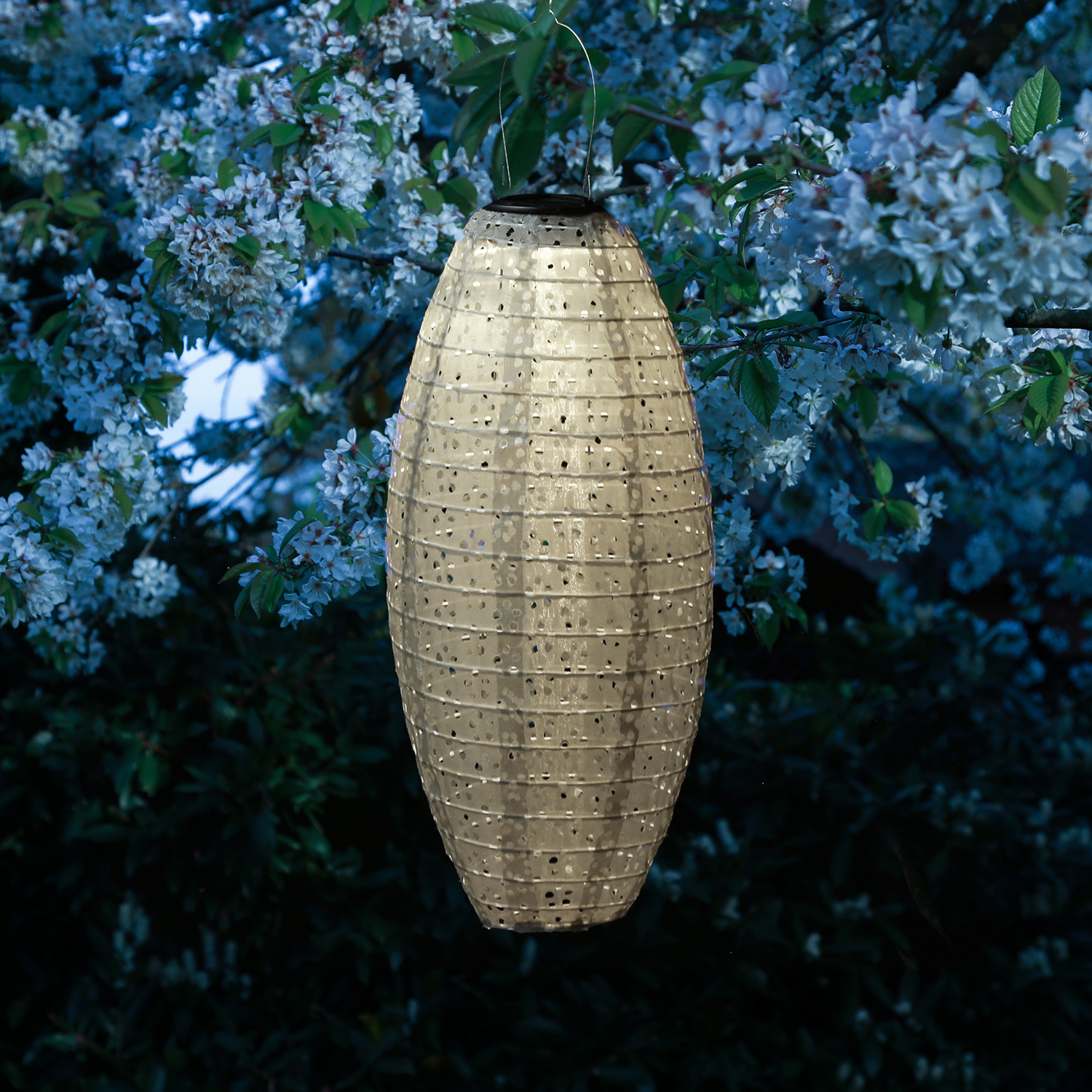 LED Solar Lampions oval - mit Blumenmuster - warmweiß - H: 40cm - Lichtsensor - beige - 2 Stück