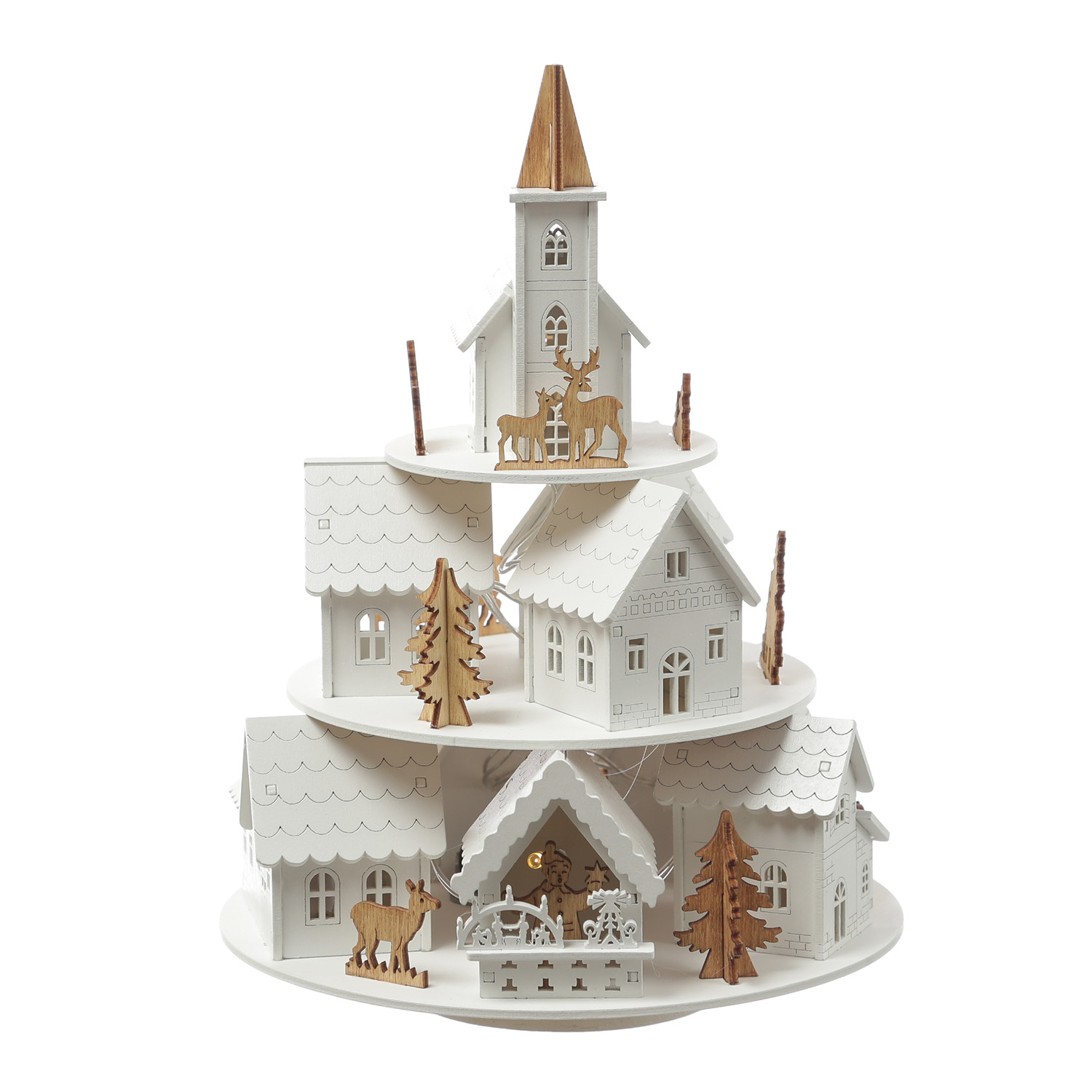 LED Weihnachtsdorf mit Musik - beleuchtete Winterlandschaft - Spieluhr - H: 29cm - Timer - weiß