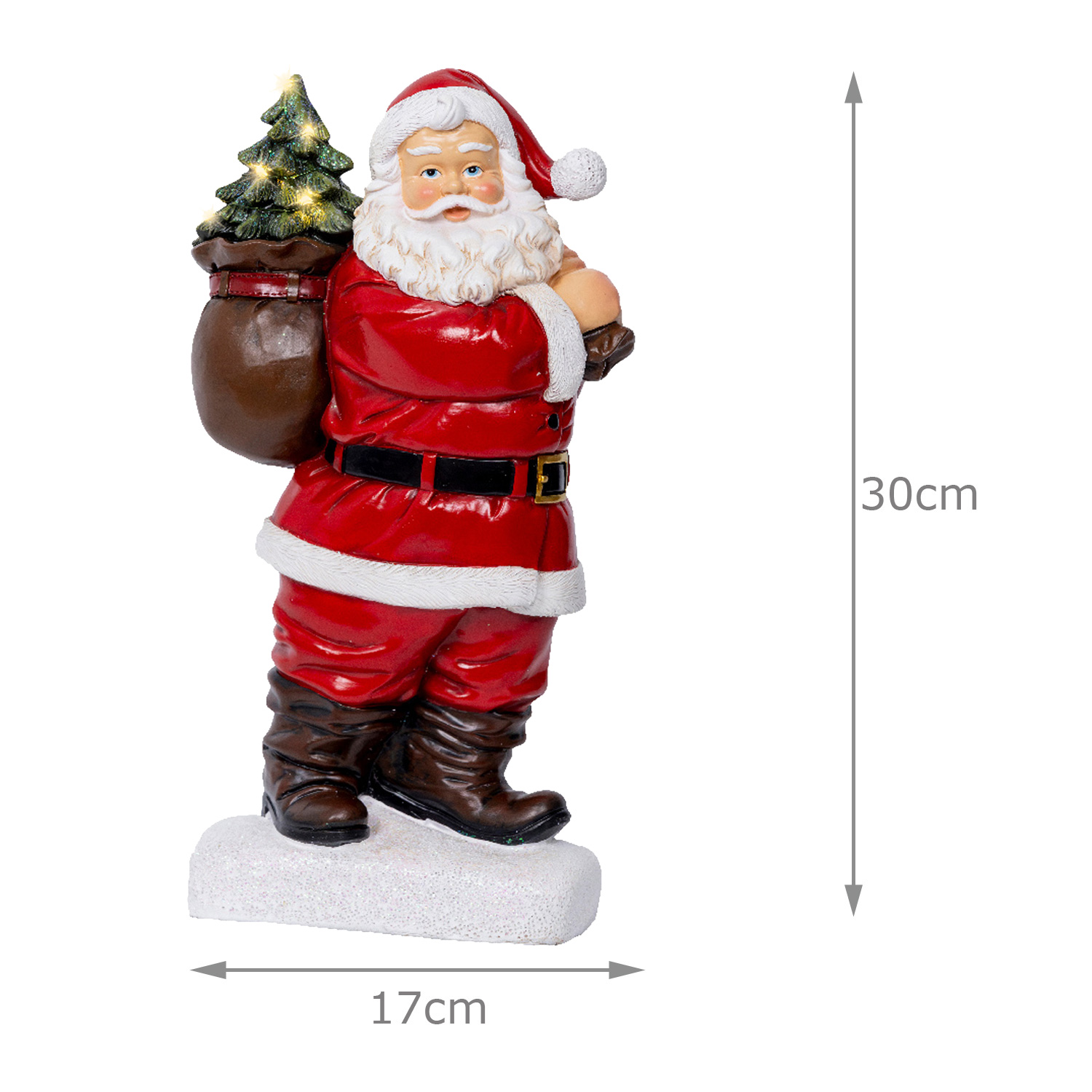 LED Weihnachtsmann mit leuchtendem Tannenbaum - Dekofigur aus Polyresin - H: 30cm - Batteriebetrieb