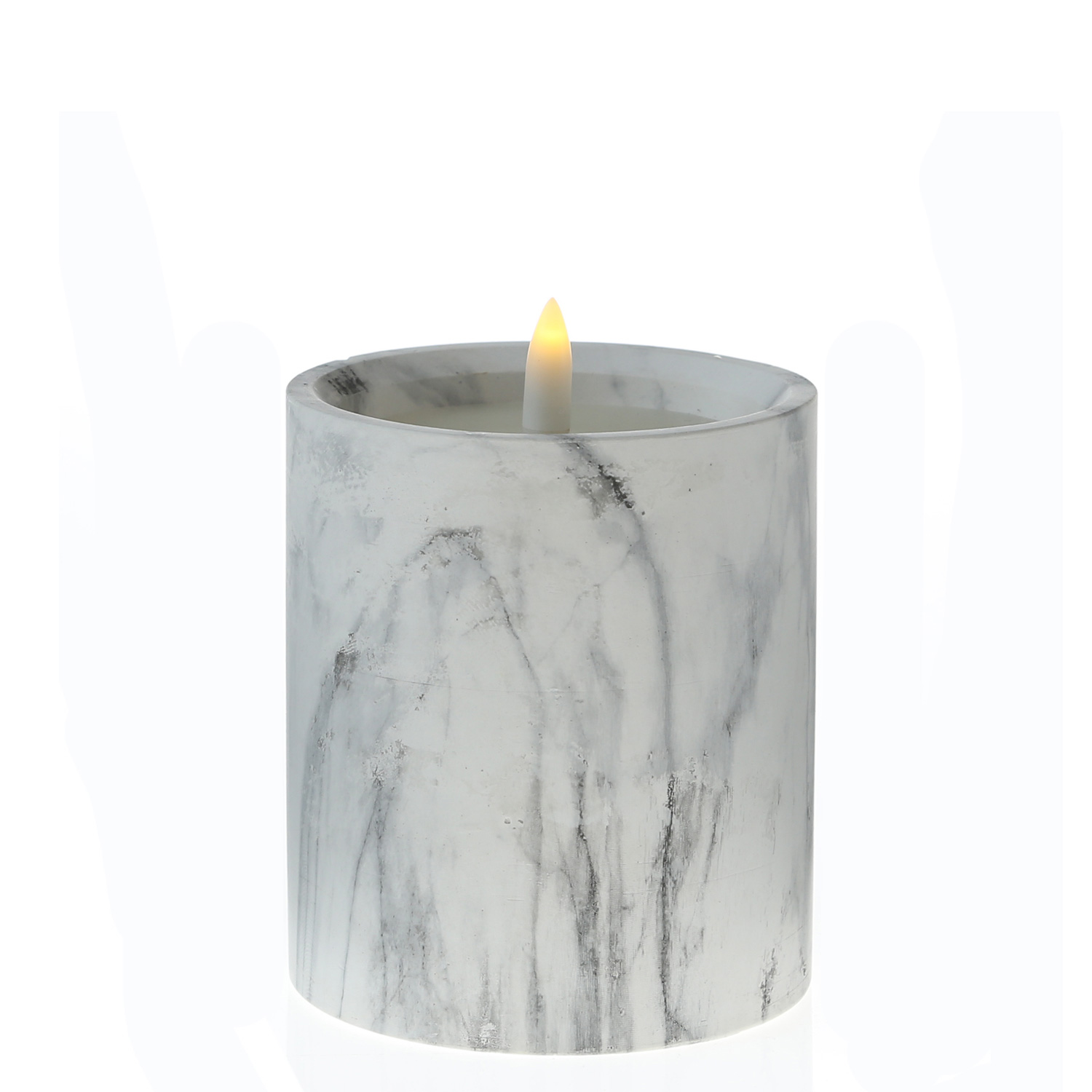 LED Stumpenkerze Flamme - Marmoroptik - Zement/Wachs - natürliche Flamme - Timer - H: 12cm - grau