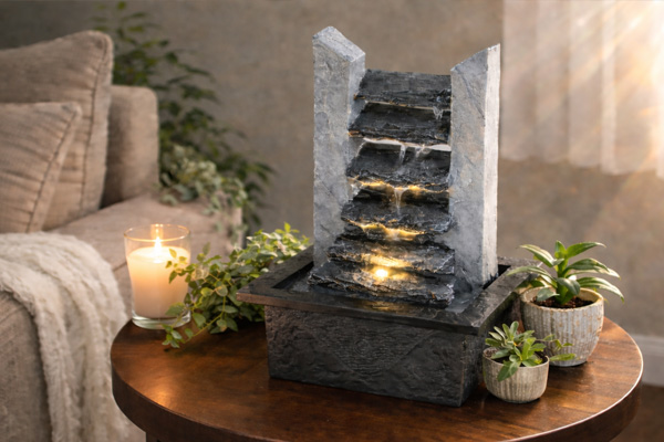 Kaskadenbrunnen Schieferlook Tischbrunnen mit LED H27cm