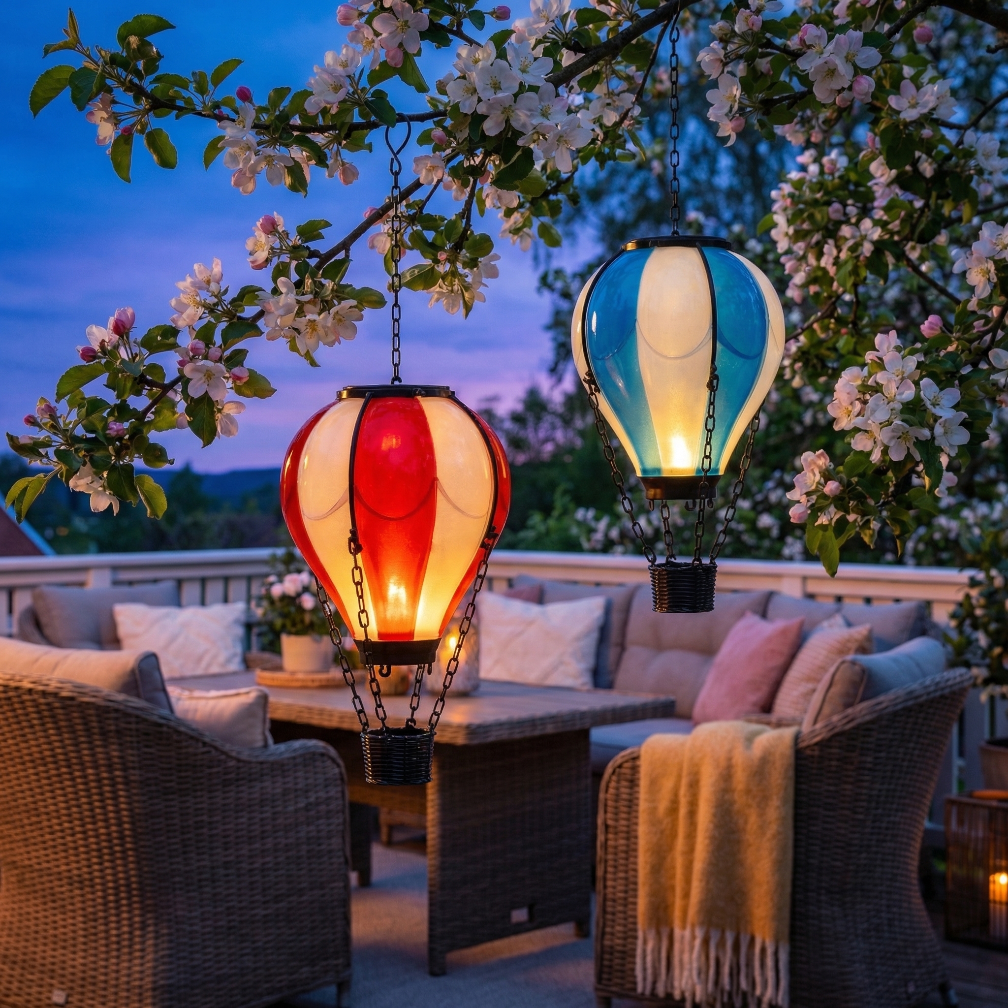 LED Solar Ballon - Heißluftballon mit Flammeneffekt - hängend - H: 25cm - Lichtsensor