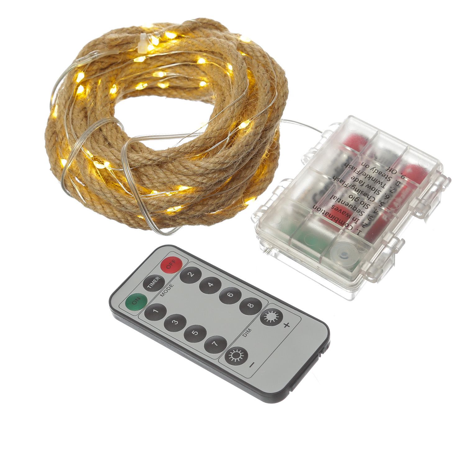 LED Lichterkette Seil - 100 warmweiße LED - L: 5m - 8 Funkt. - Timer - Batterie - Innen/Außen