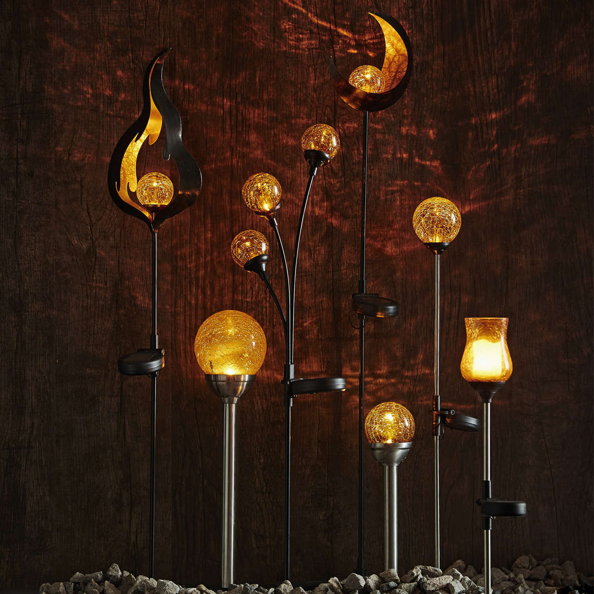 LED Solarstab "Lyon" - amber Glas - gelbe LED - H: 52cm - D: 7cm - Dämmerungssensor