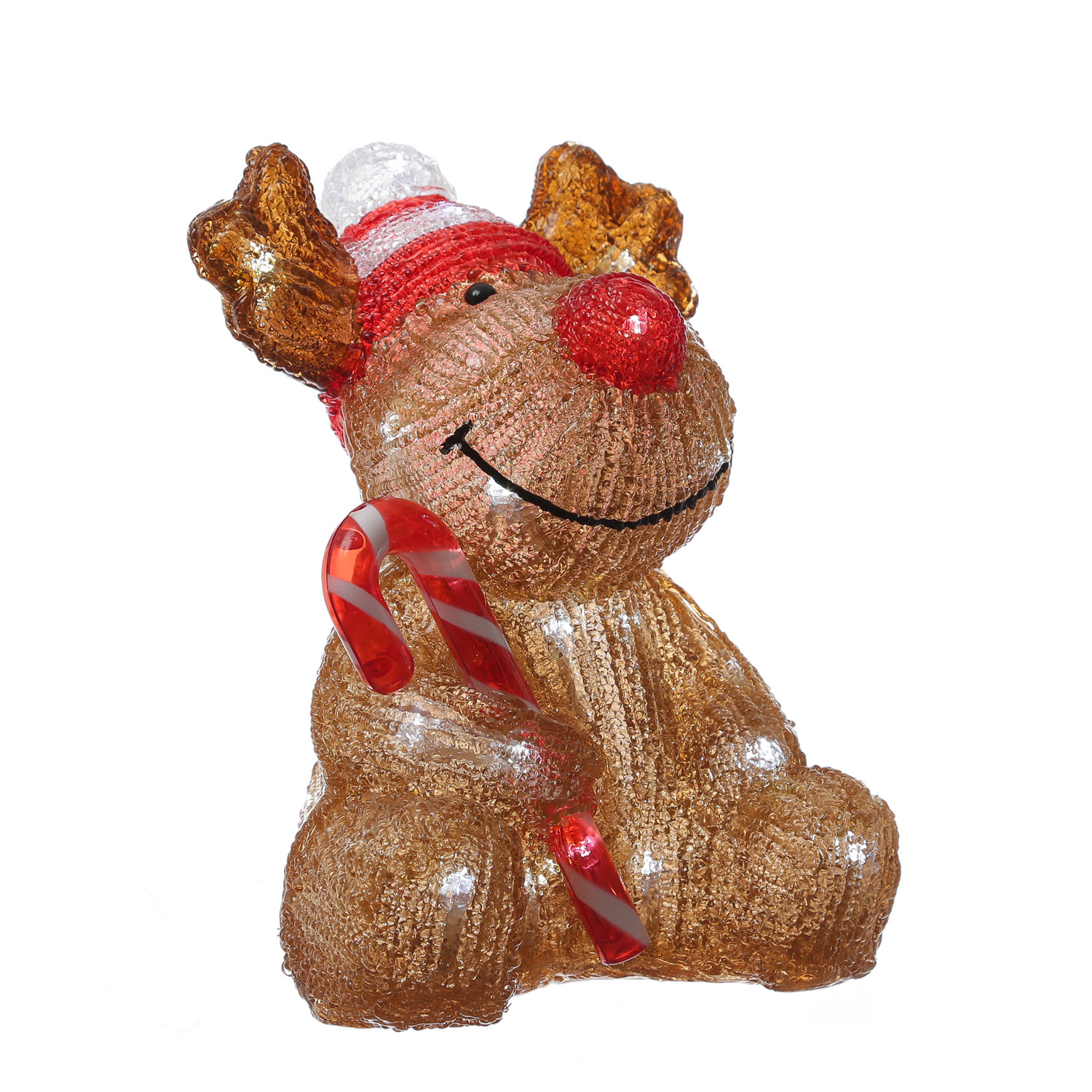LED Rentier mit Zuckerstange - Acrylfigur - 32 kaltweiße LED - H: 24cm - Timer - Batteriebetrieb