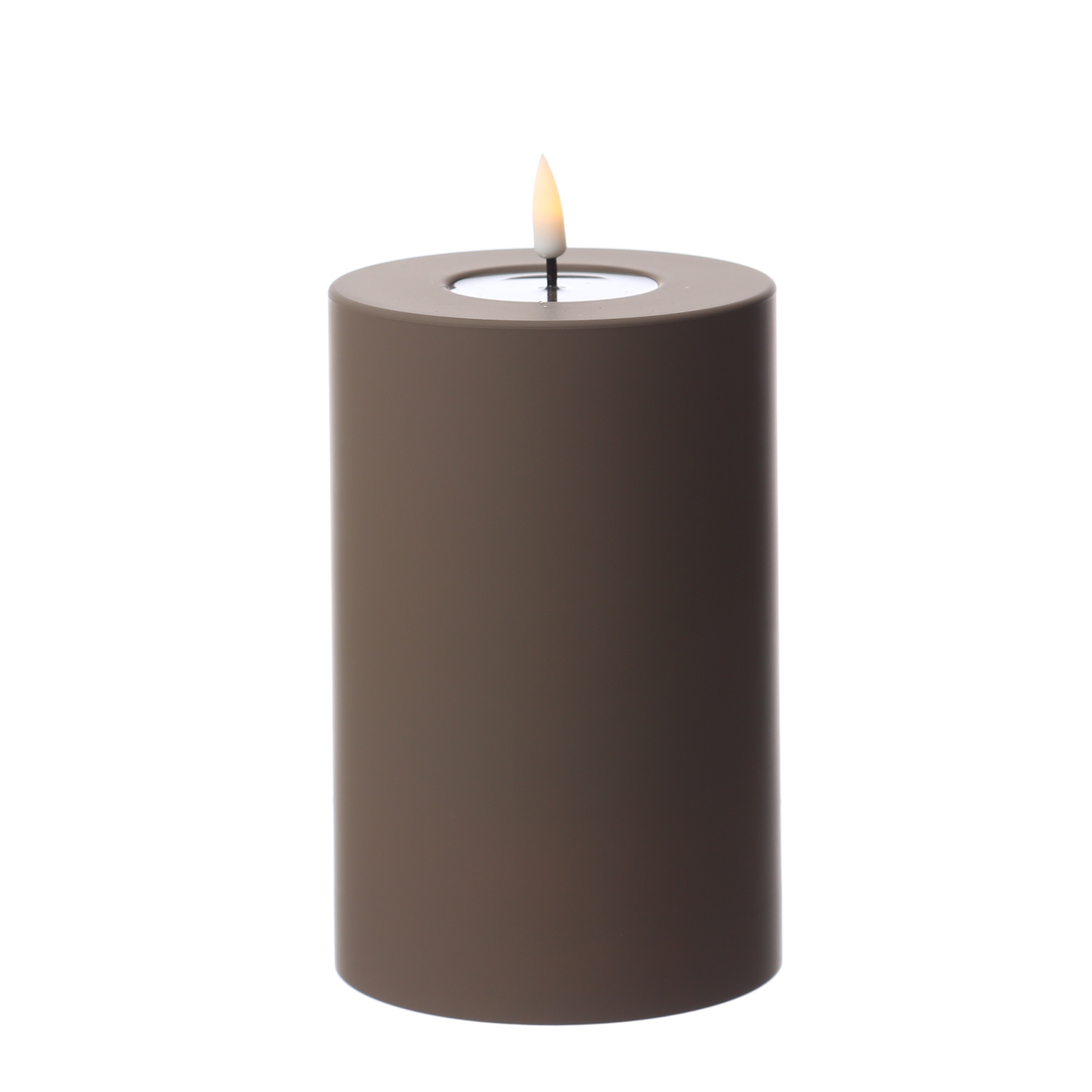 LED Stumpenkerze MIA - Kunststoff - realistische 3D Flamme - H: 15cm - D: 10cm - für Außen - mokka