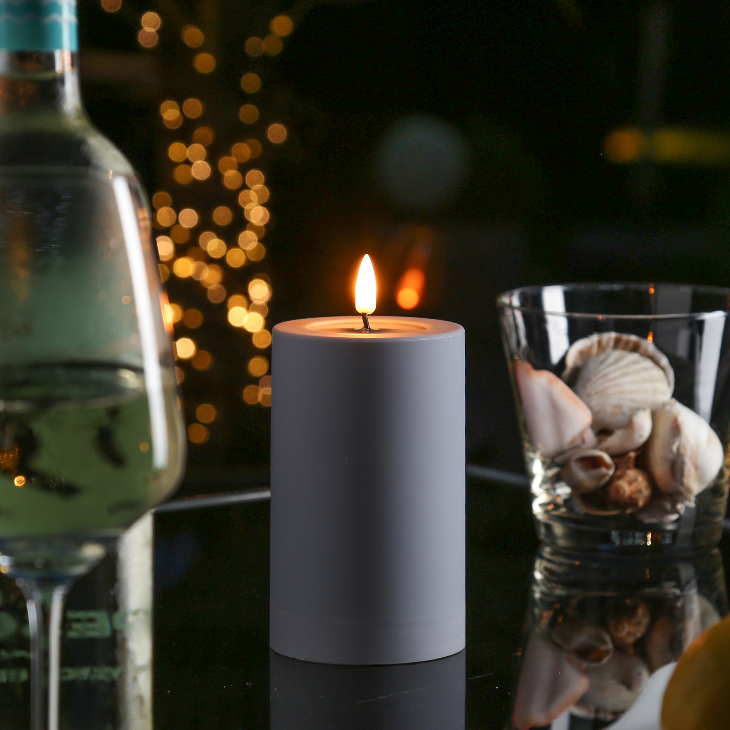 LED Stumpenkerze MIA - Kunststoff - realistische 3D Flamme - H: 12,5cm - outdoor - grau