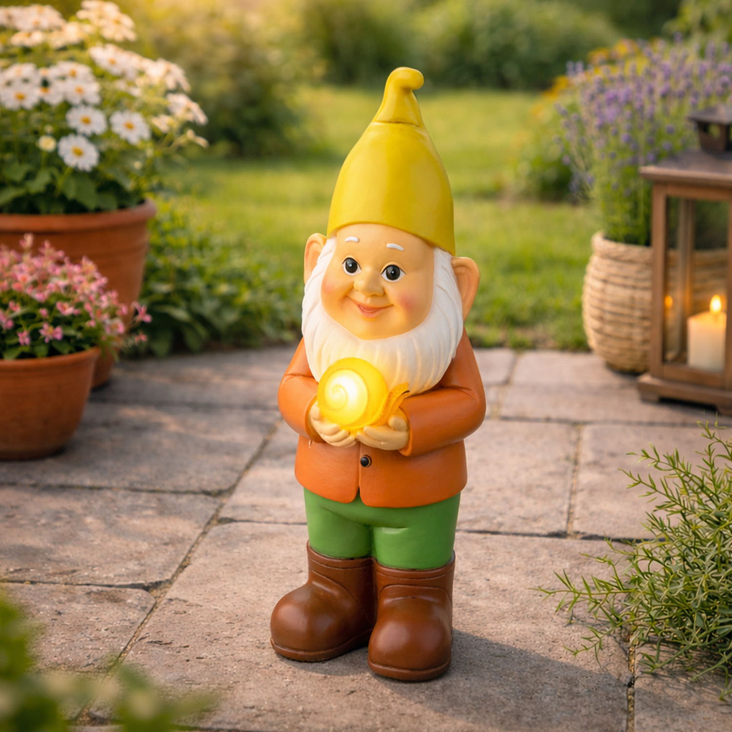 LED Solar Gartenzwerg mit Schnecke - Gartenfigur - warmweiße LED - Lichtsensor - H: 28,5cm