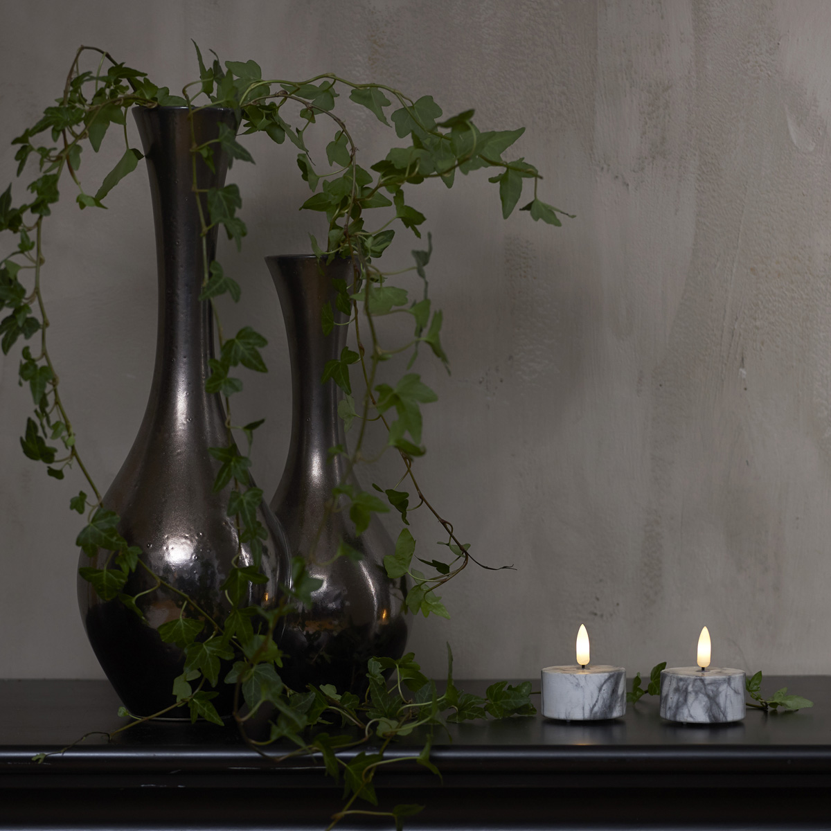 LED Teelicht Flamme - Marmoroptik - Zement - realistische Flamme - Timer - H: 6cm - 2er Set