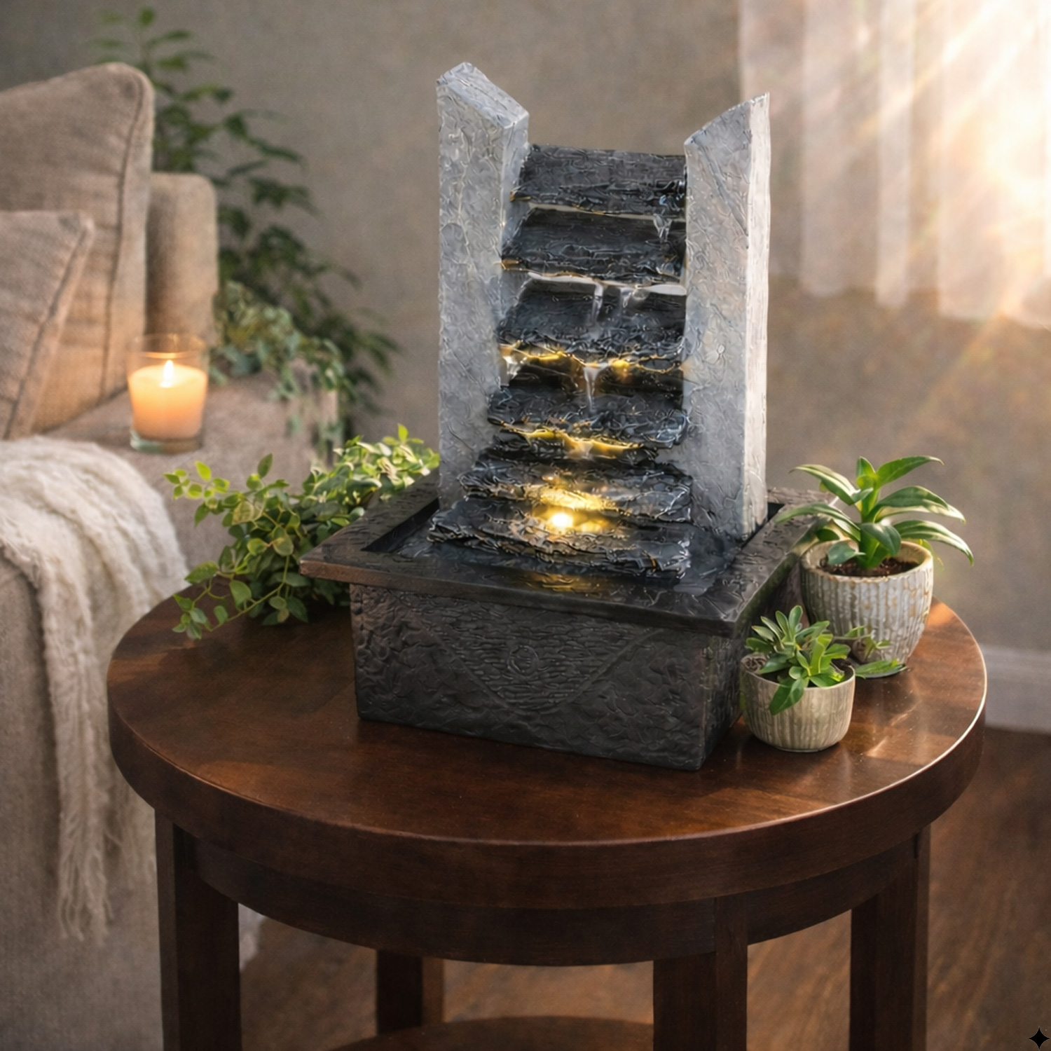 Kaskadenbrunnen Schieferlook Tischbrunnen mit LED H27cm