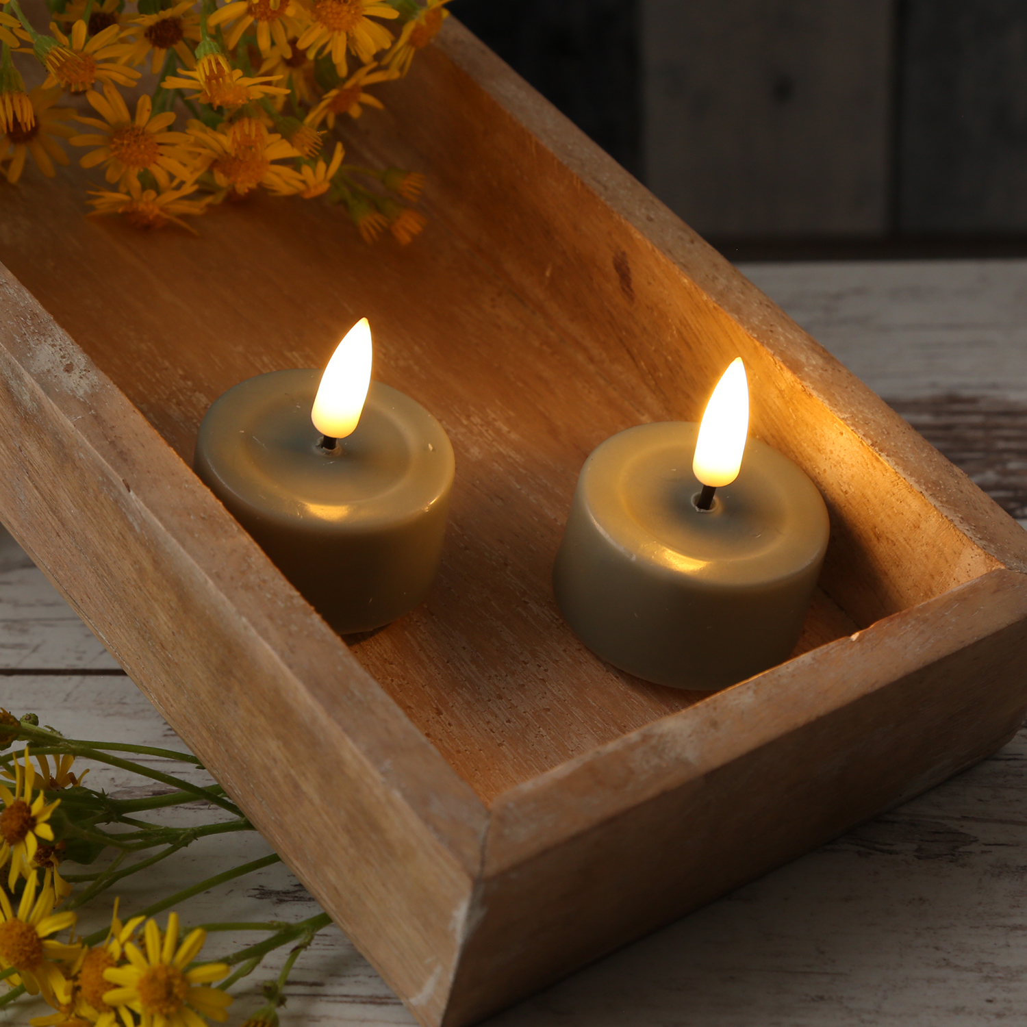 LED Teelichter MIA - realistische 3D Flamme - D: 4,1cm - mit Batterien - salbeigrün - 2 Stk