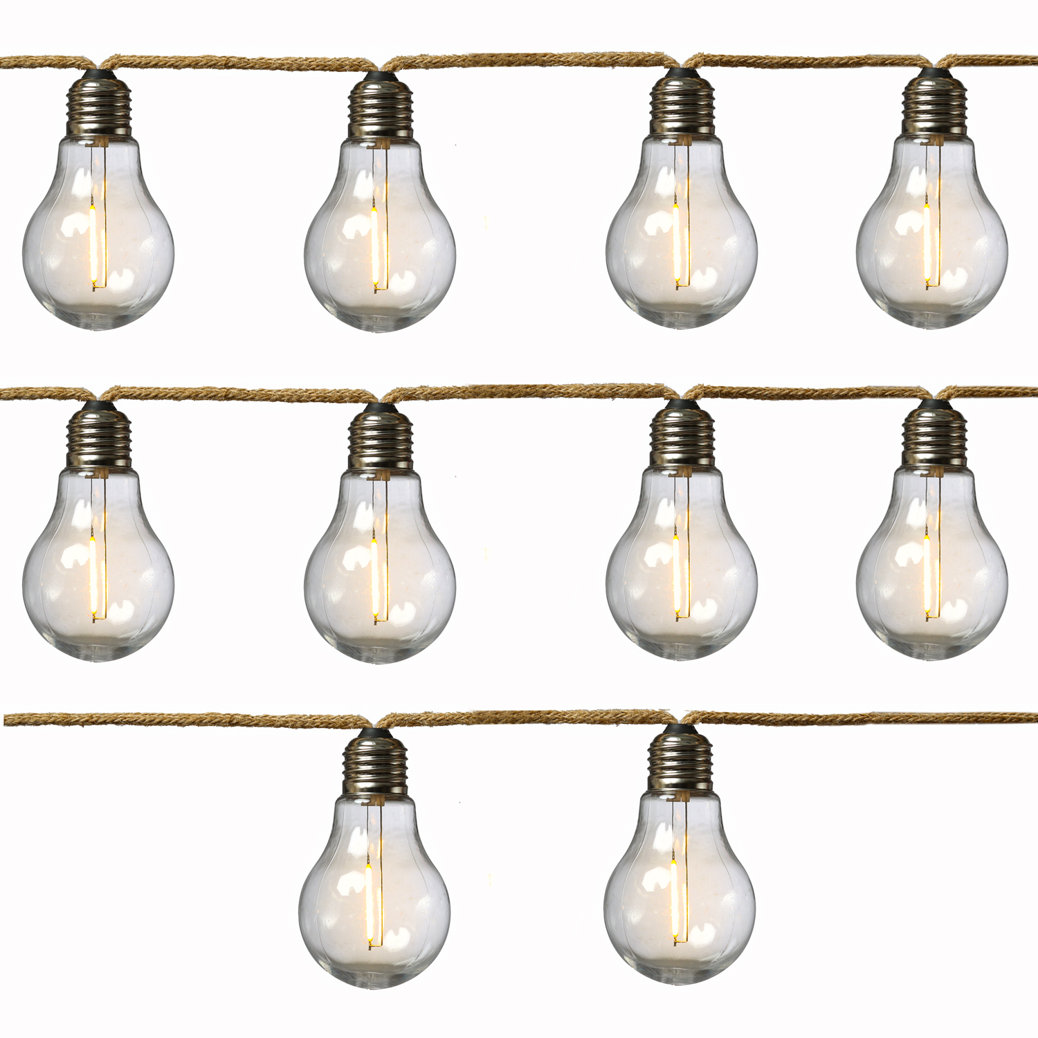 LED Lichterkette 10 Glühbirnen an Juteseil - L: 4,5m - koppelbar bis 30 Lichter - Timer - für Außen