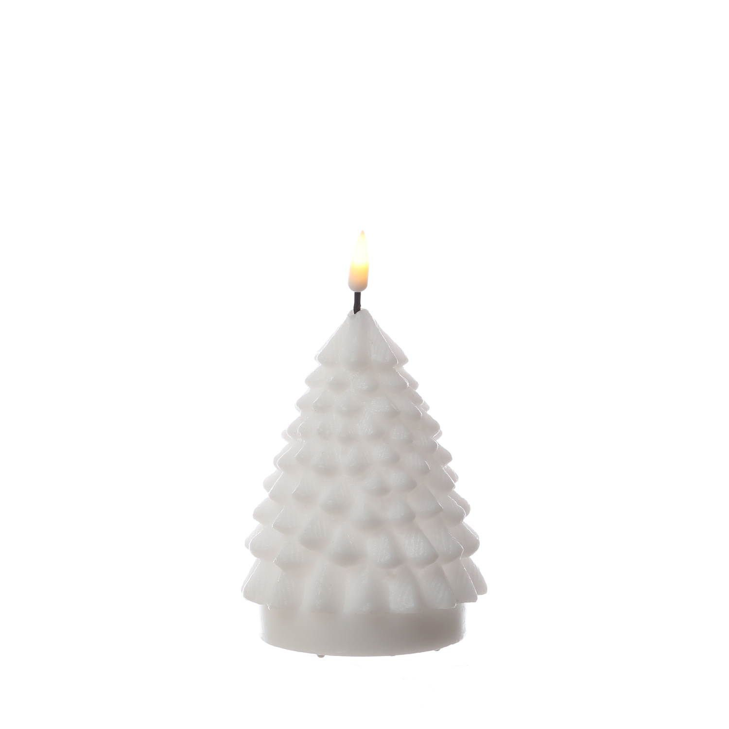 LED Kerze Tannenbaum - Echtwachs - flackernde 3D Flamme - H: 11cm - D: 8cm - weiß
