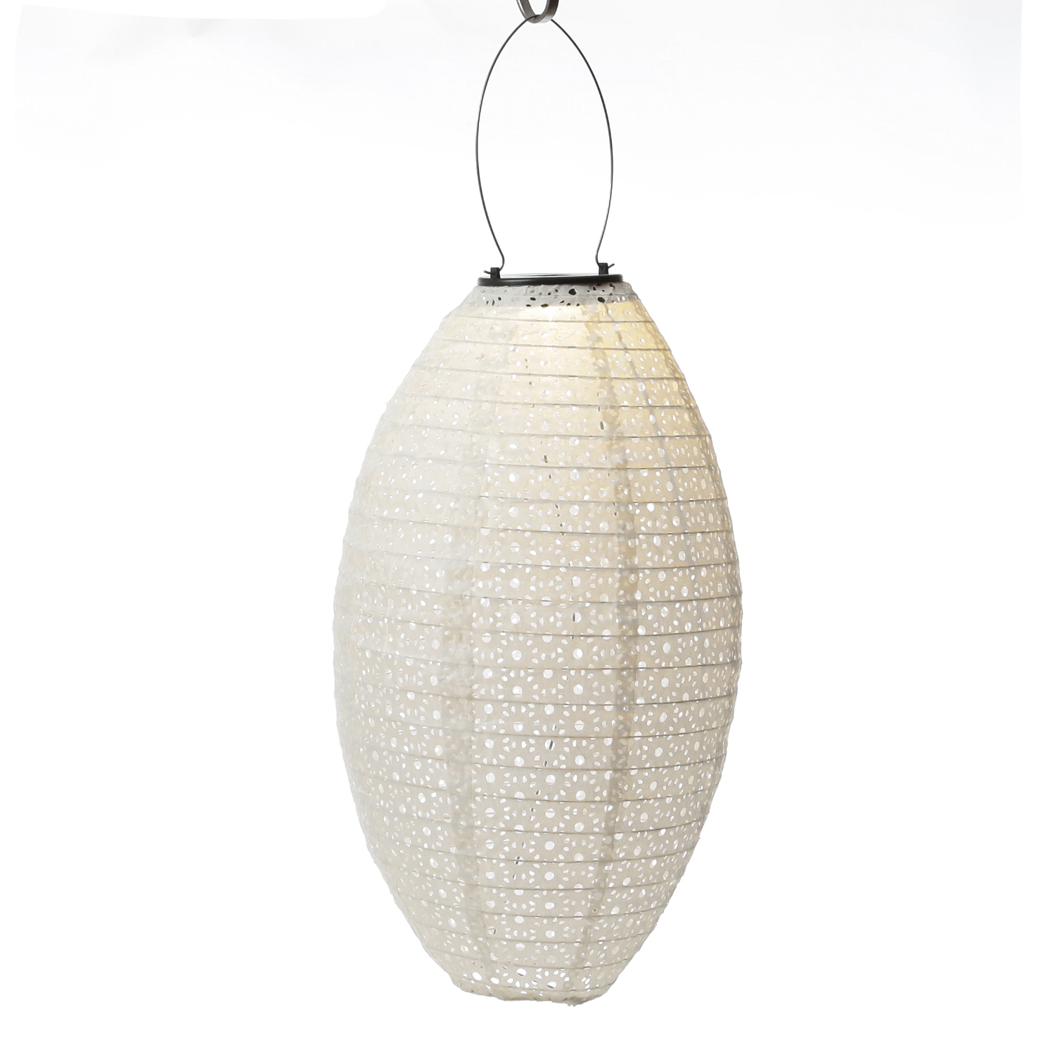 LED Solar Lampion oval - mit Blumenmuster - warmweiße LED - H: 38cm - D: 23cm - Lichtsensor - weiß