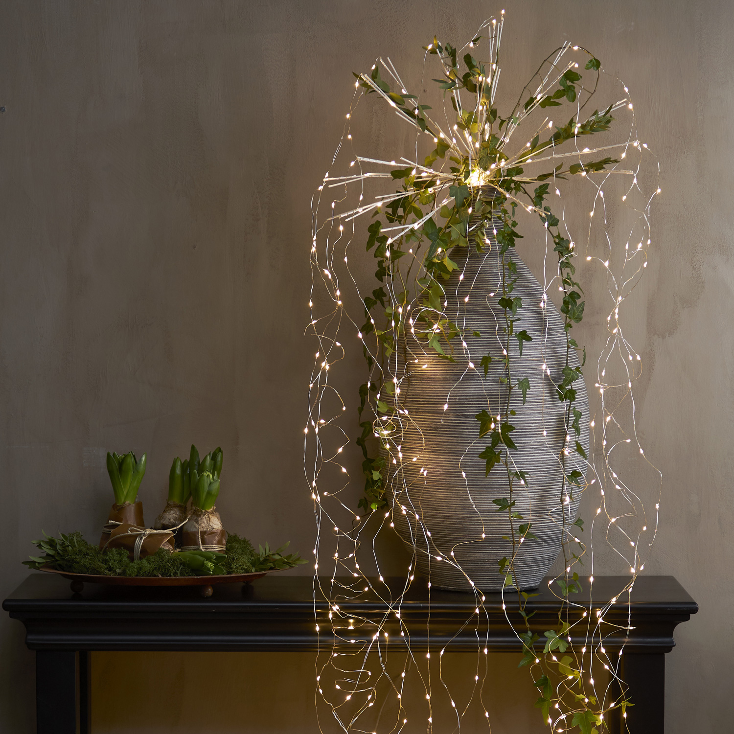 LED Lichterbouquet/Lichtervorhang "Dew Drops" - 20 Stränge á 30 LED - H: 3,2m, D: 45cm - silber