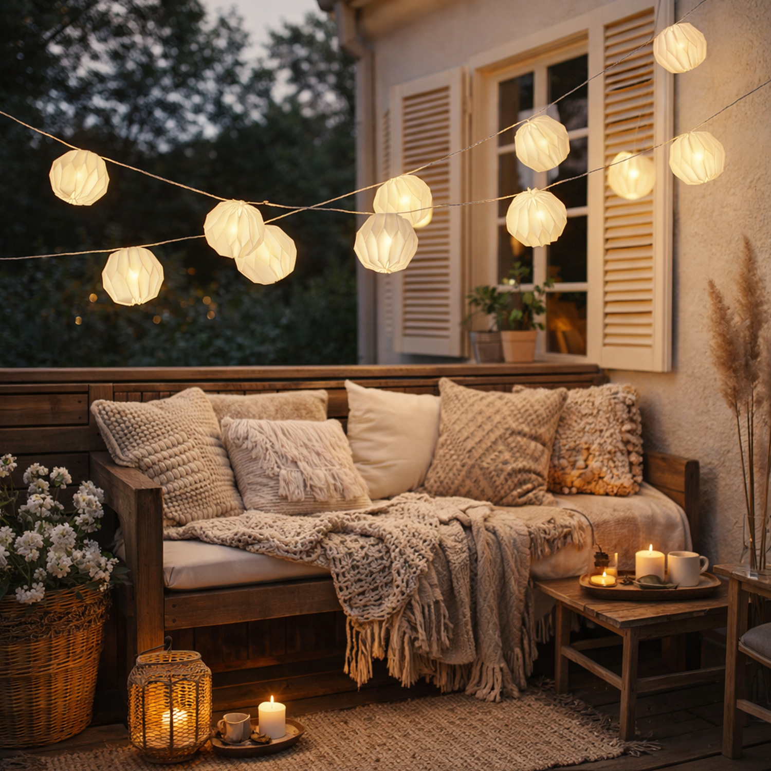 LED Lichterkette Origami Lampions - 10 weisse XL Papierblumen - Timer - L- 3-6m - Batteriebetrieb