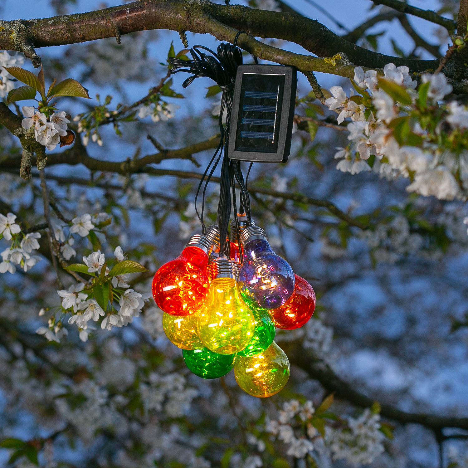 LED Solar Lichterkette GLOW - bunte Glühbirnen mit Drahtlichterkette - warmweiße LED - L: 4,5m