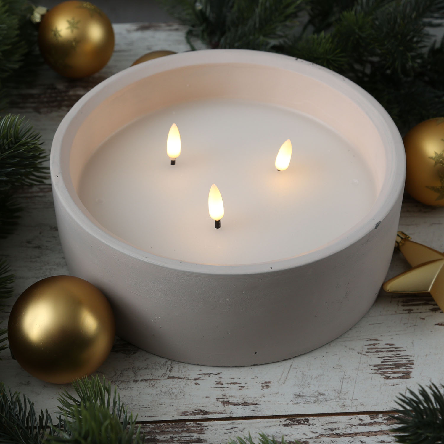 XXL LED Kerze Flamme - Betonoptik - Zement/Echtwachs - 3-Docht - Timer - H: 8cm D: 20cm - weiß