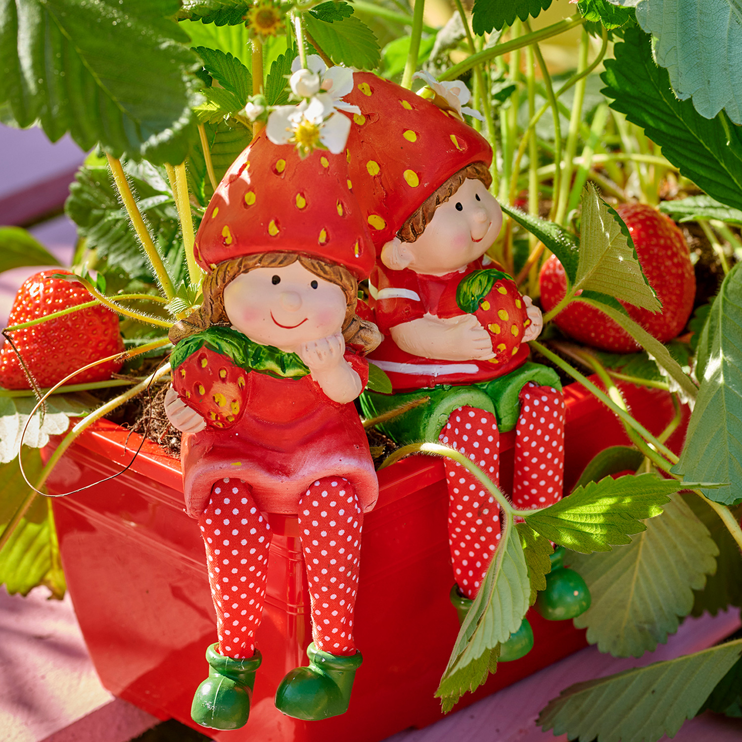 Kantenhocker Erdbeerjunge Fritz - niedliche  Gartenfigur mit Erdbeere - Keramik  - H: 19cm - rot