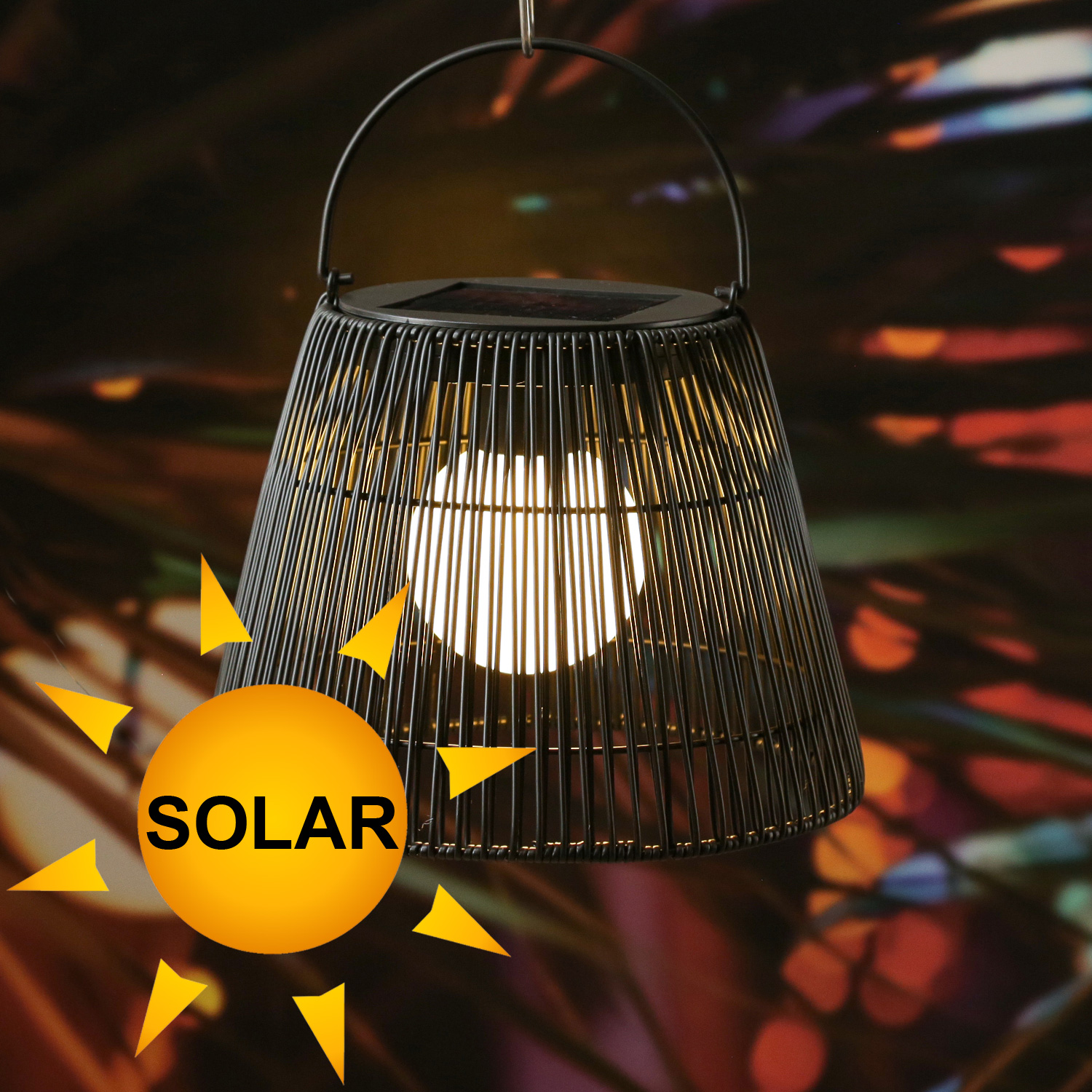 LED Solar Laterne-Haengeleuchte - Rattanoptik  - warmweisse LED - H- 22cm - Lichtsensor - schwarz
