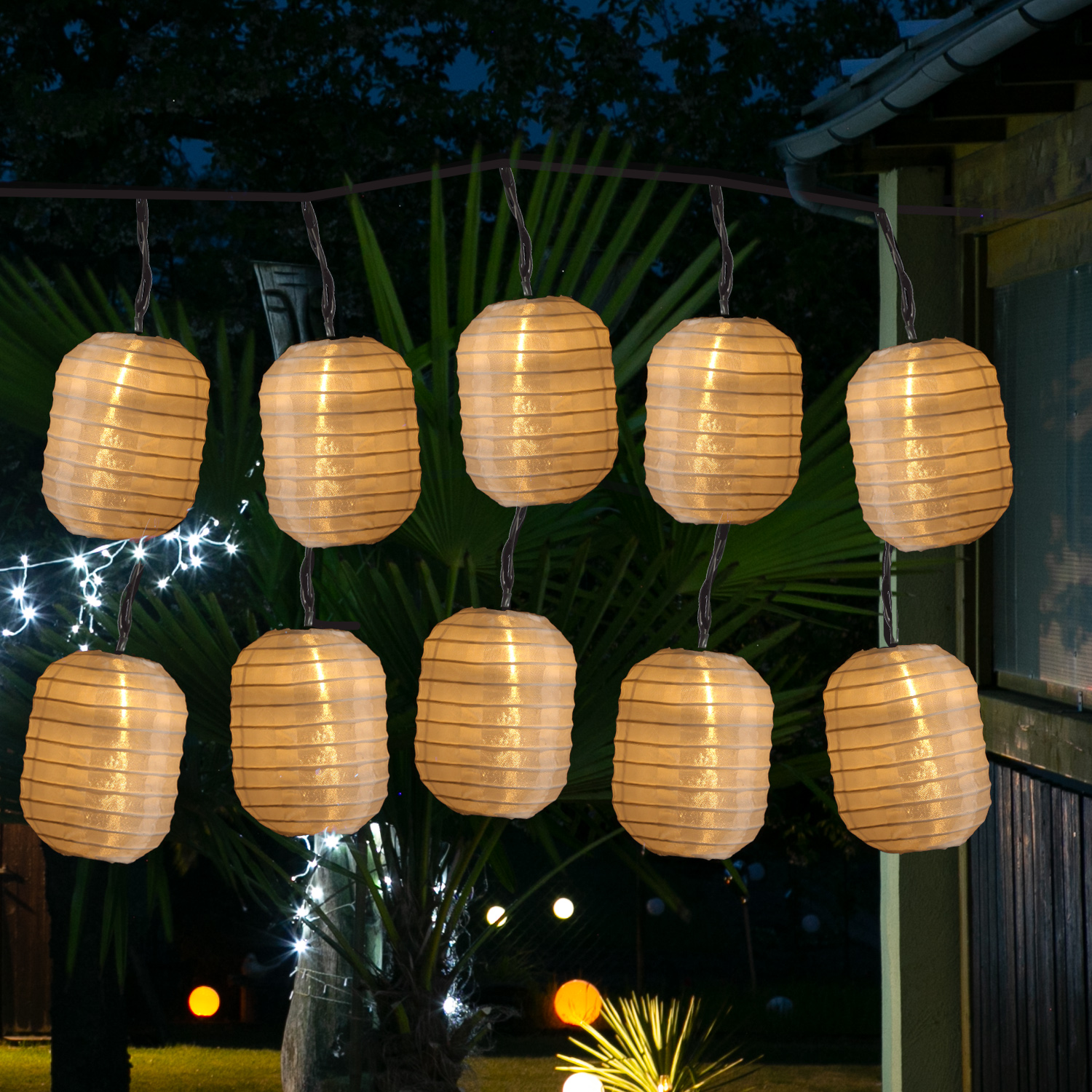 LED Solar Lichterkette LAMPION  - 10 warmweiße LED - L: 4,5m - D: 7,5cm - Lichtsensor - weiß
