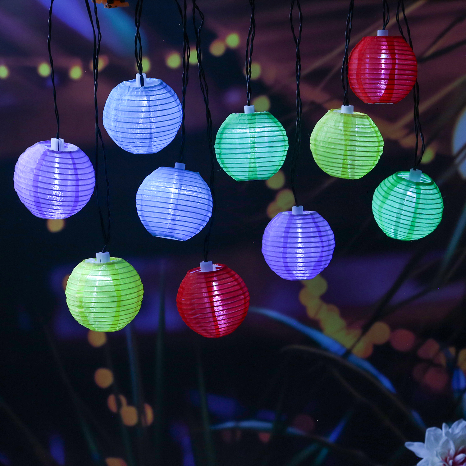 LED Solar Lichterkette LAMPION  - 10 kaltweiße LED - L: 3,92m - D: 7,5cm - Lichtsensor - bunt