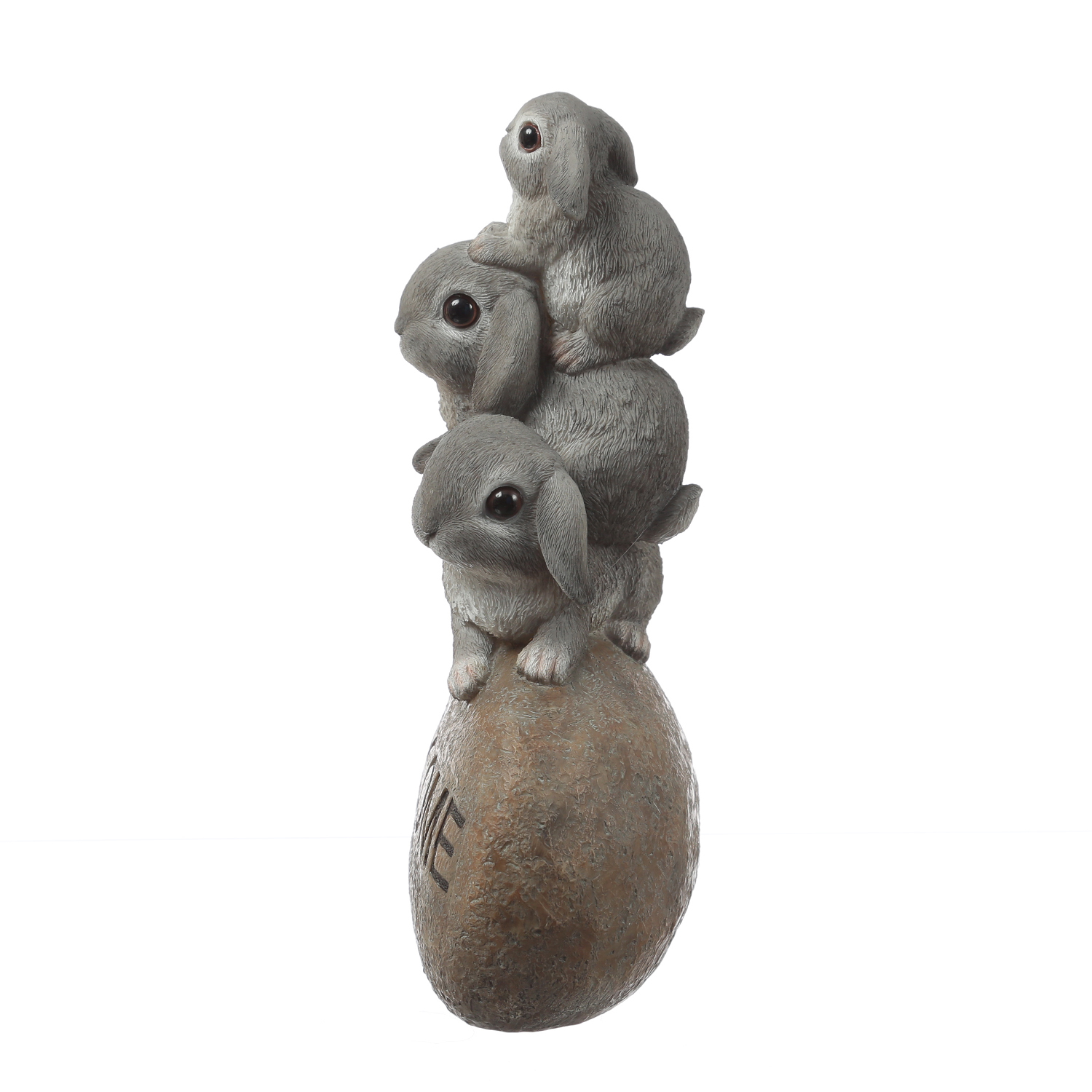 Gartenfigur Welcome - 3 Häschen auf Stein - Dekofigur - H: 26cm - Polyresin - grau