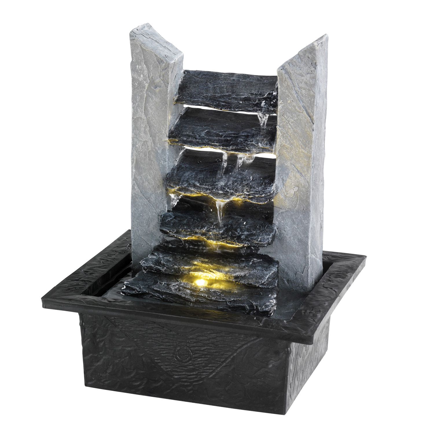 Kaskadenbrunnen Schieferlook Tischbrunnen mit LED H27cm
