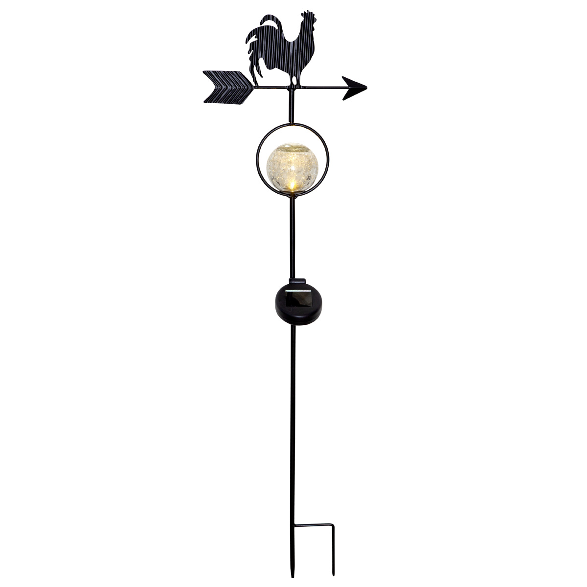 LED Solarstab "Hahn mit Windrichtungspfeil" - 1 warmweiße LED - H: 81cm - Dämmerungssensor - schwarz LED Solarstab "Hahn mit Windrichtungspfeil" - 1 warmweiße LED - H: 81cm - Dämmerungssensor - schwarz