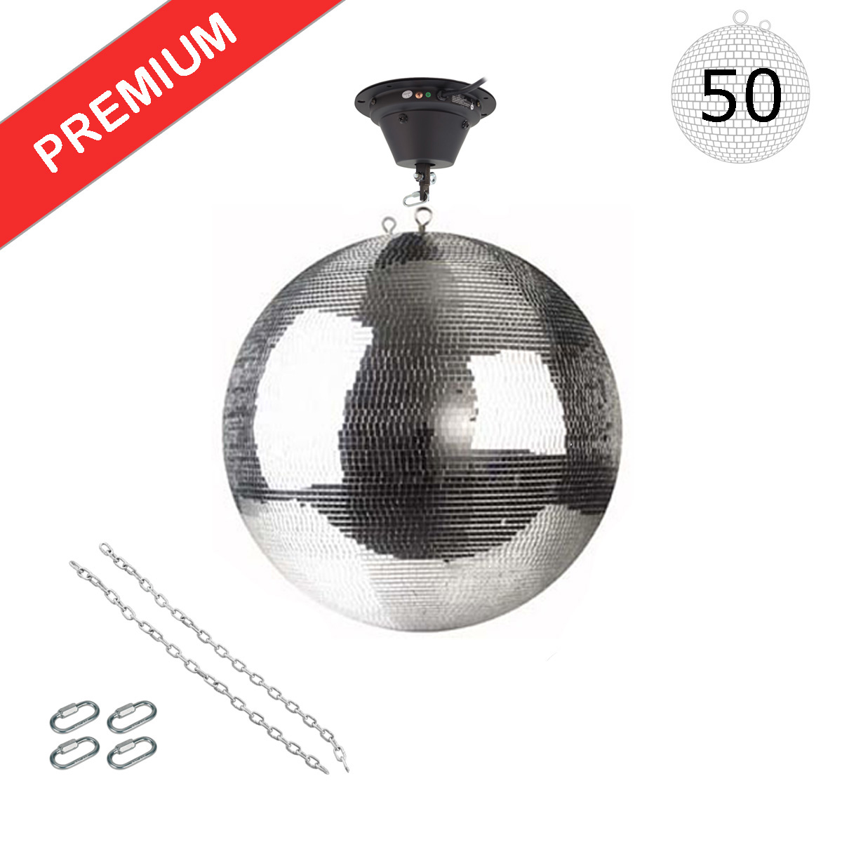 Spiegelkugel Set 50cm Kugel PREMIUM + Motor MBM-5010, 2 Ketten, 4 Kettenglieder
