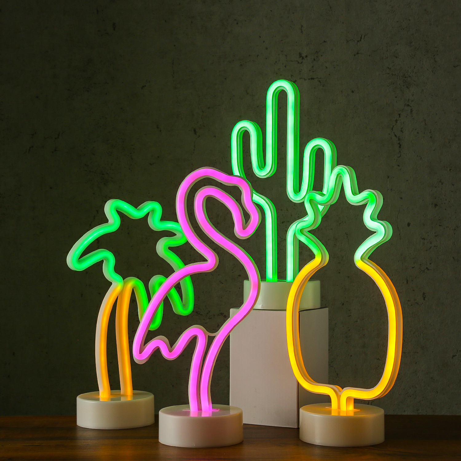 LED Neonlampe ANANAS - Silhouette Dekoleuchte - Batteriebetrieb - H: 32,5cm - stehend - gelb, grün