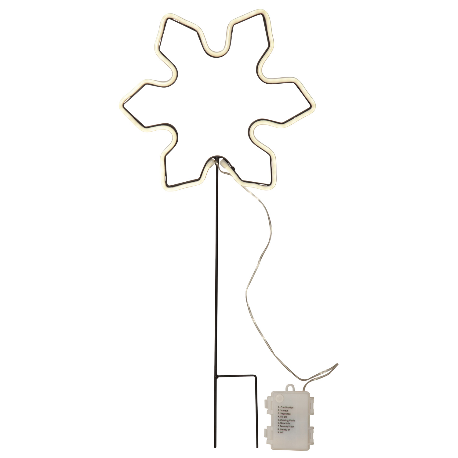 LED Neon Gartenstecker Schneeflocke - 117 weiße LED - H: 60cm - 8 Funktionen - Timer - Batterie