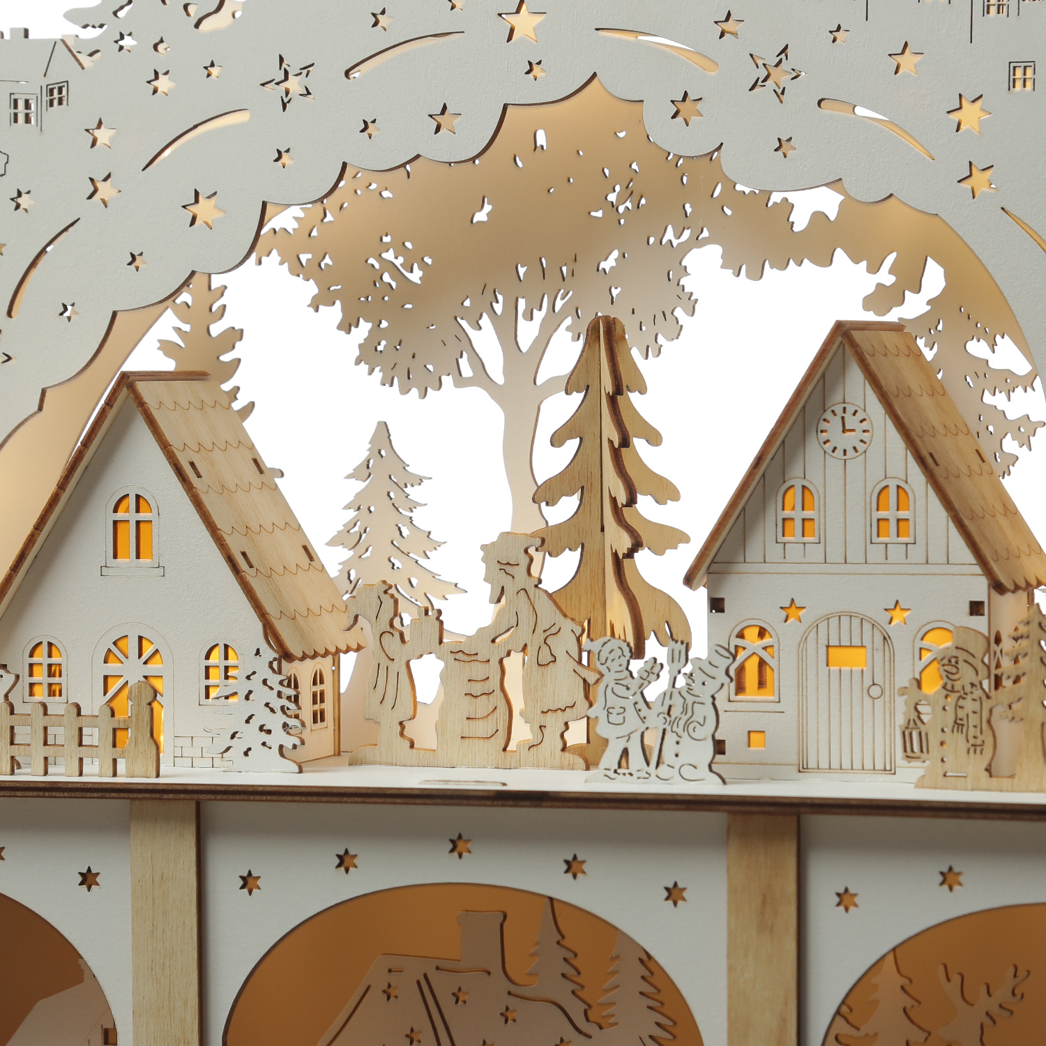 LED Schwibbogen Weihnachtsdorf - Lichterbogen - 10 LED - H: 33,5cm - 2stöckig - Timer - Batterie