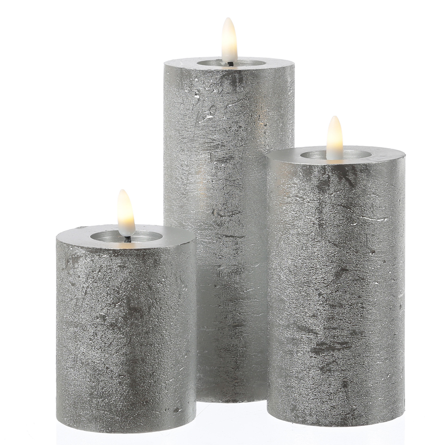 LED Kerzenset LINA - Rustik-Optik - Echtwachs - 3D Flamme - 3 Größen - Timer - silber - 3er Set