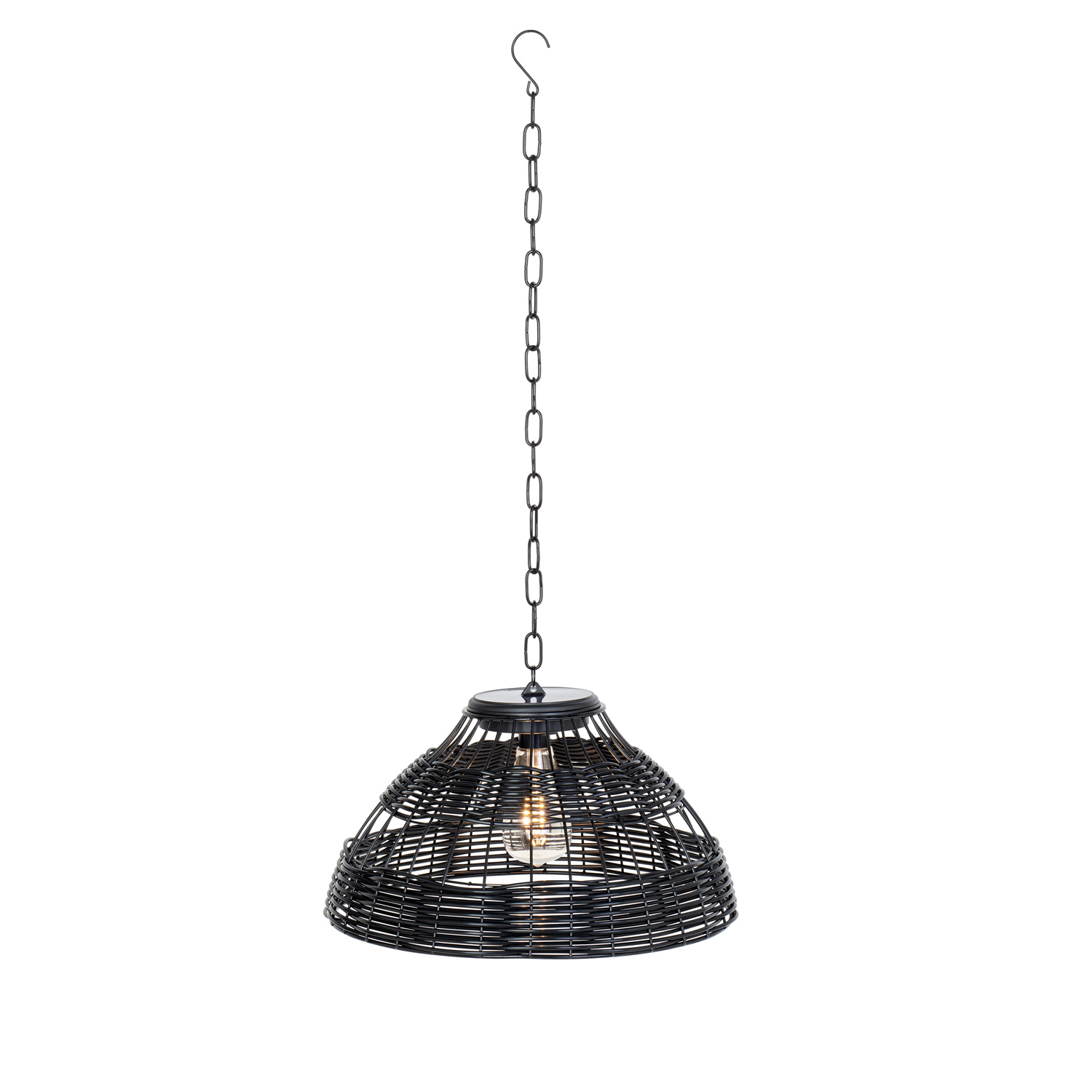 LED Solar Hängeleuchte - Lampenschirm in Korboptik - warmweiße LED - D: 37cm - Lichtsensor - schwarz