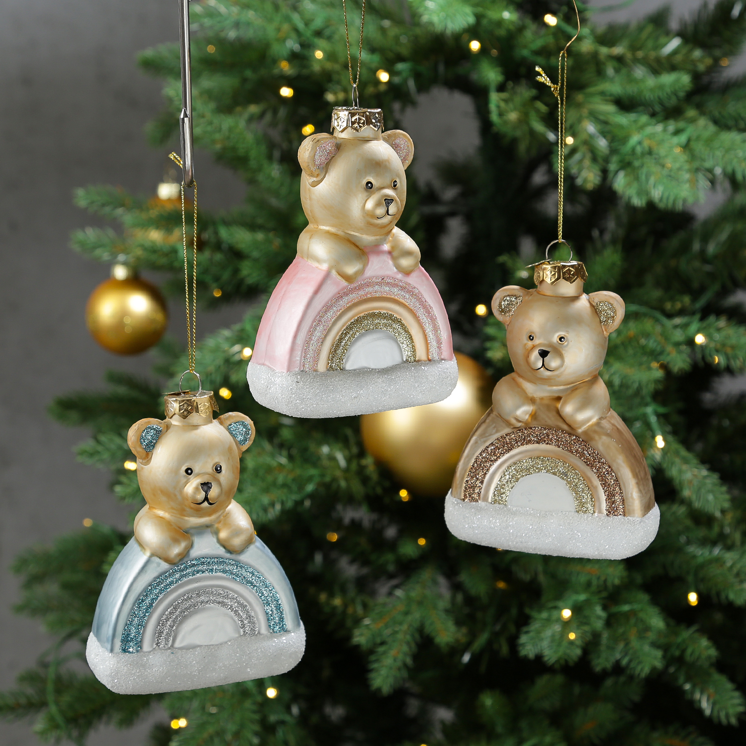 Weihnachtsbaumschmuck Teddybär mit Regenbogen - Christbaumschmuck - Glas - H: 13,5cm - rosa