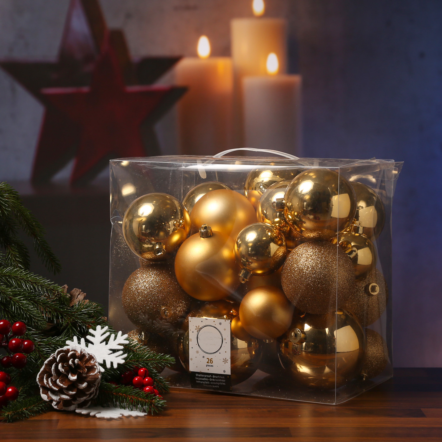 Christbaumkugel - Weihnachtsbaumkugel  - bruchfest - glänzend, matt und glitzernd - gold - 26er Set