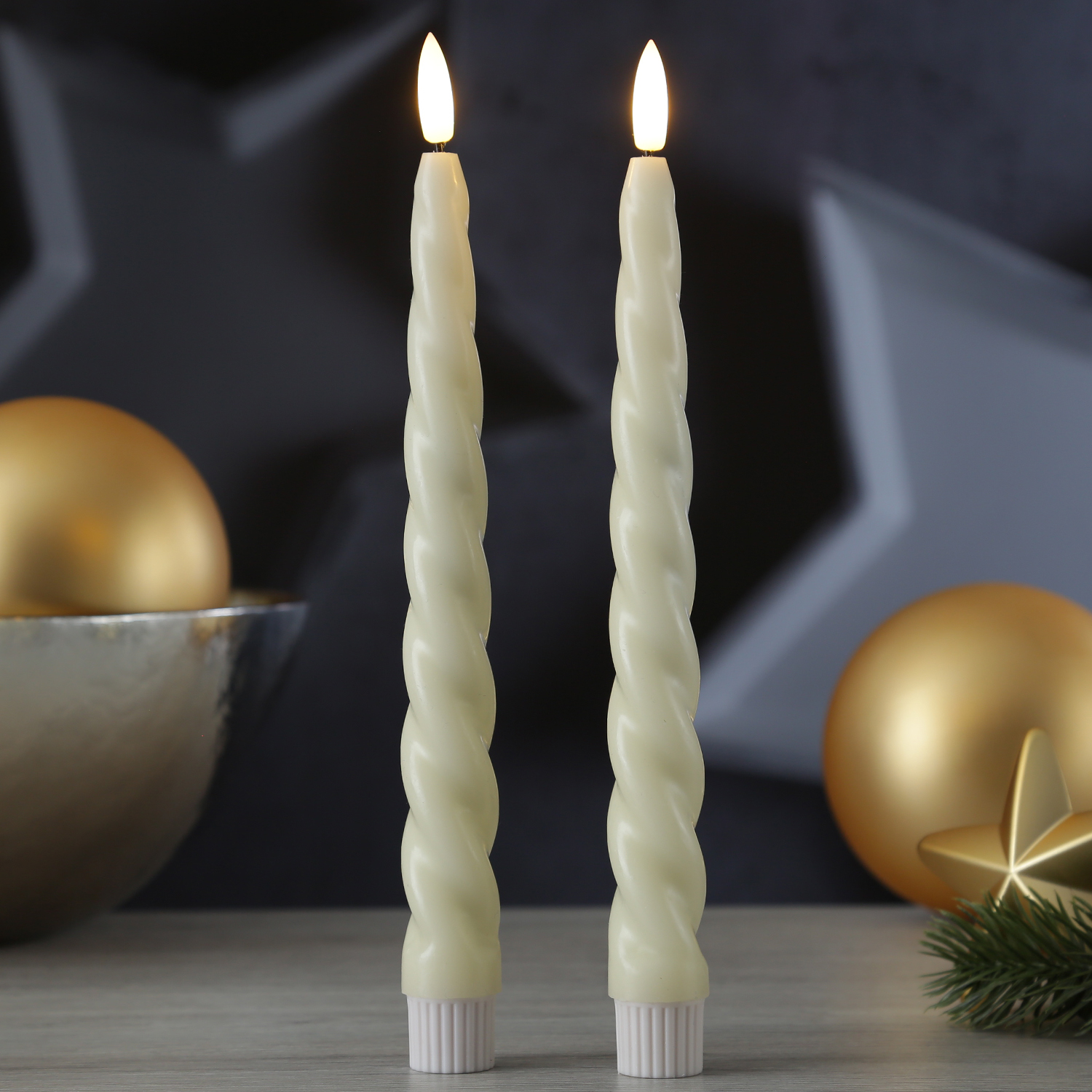LED Stabkerzen TWIST - Echtwachs - flackernde 3D Flamme - H: 25cm - Timer - creme - 2er Set