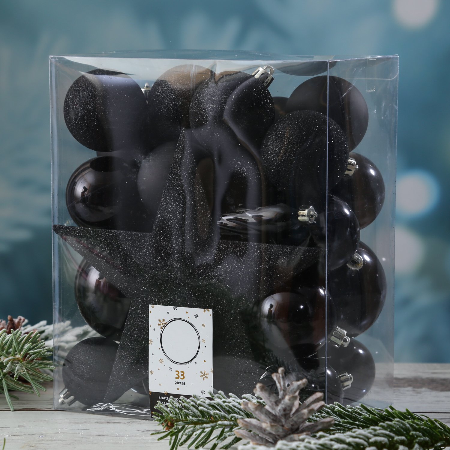 Christbaumkugel - Weihnachtsbaumkugel - bruchfest - glänzend matt glitzernd - schwarz - 33er Set