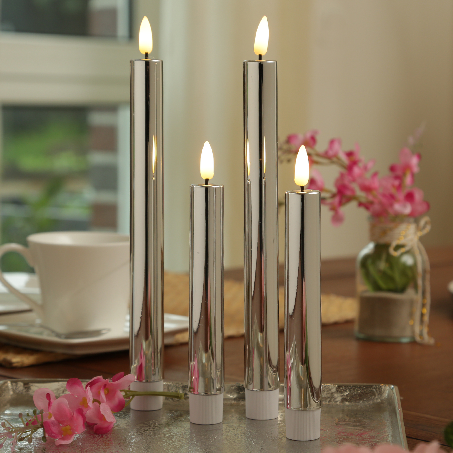 LED Stabkerzen - Tafelkerzen aus Kunststoff - H- 17cm - Timer - silber glänzend - 2er Set