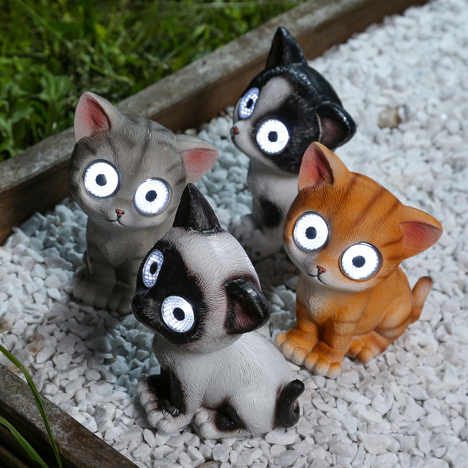 LED Solar KATZE CHARLIE - Gartenfigur - 2 kaltweiße LED - H: 16cm - weiß/schwarz