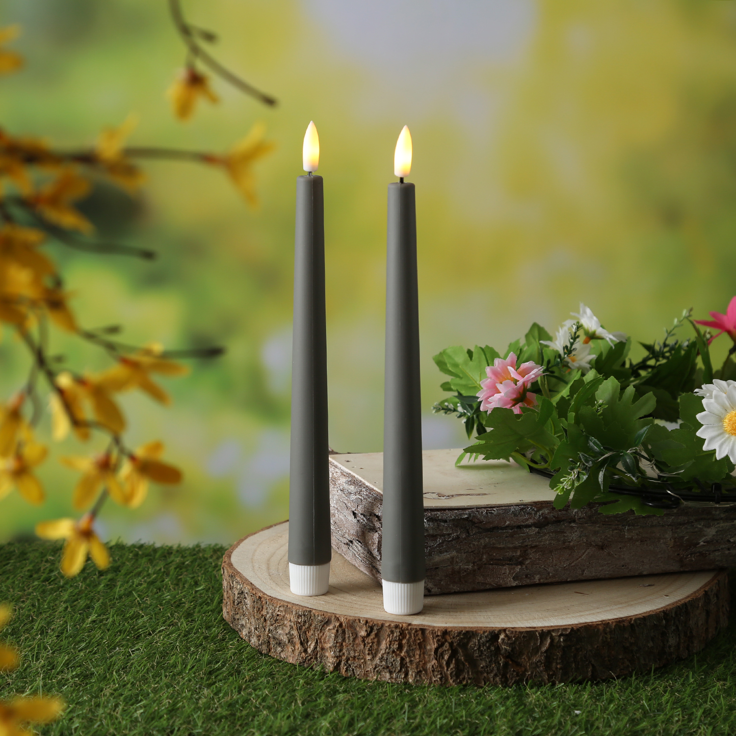 LED Stabkerzen - LED Tafelkerzen aus Kunststoff - H: 25,5cm - Timer - für Innen/Außen - grau