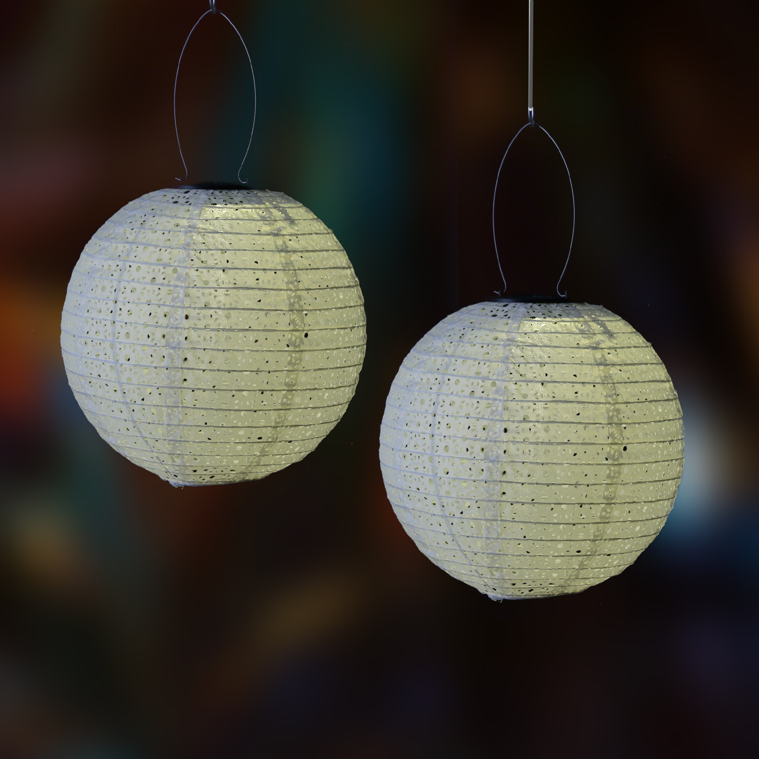 LED Solar Lampion - mit Blumenmuster - warmweiß - H: 25cm - D: 25cm - Lichtsensor - weiß - 2er Set
