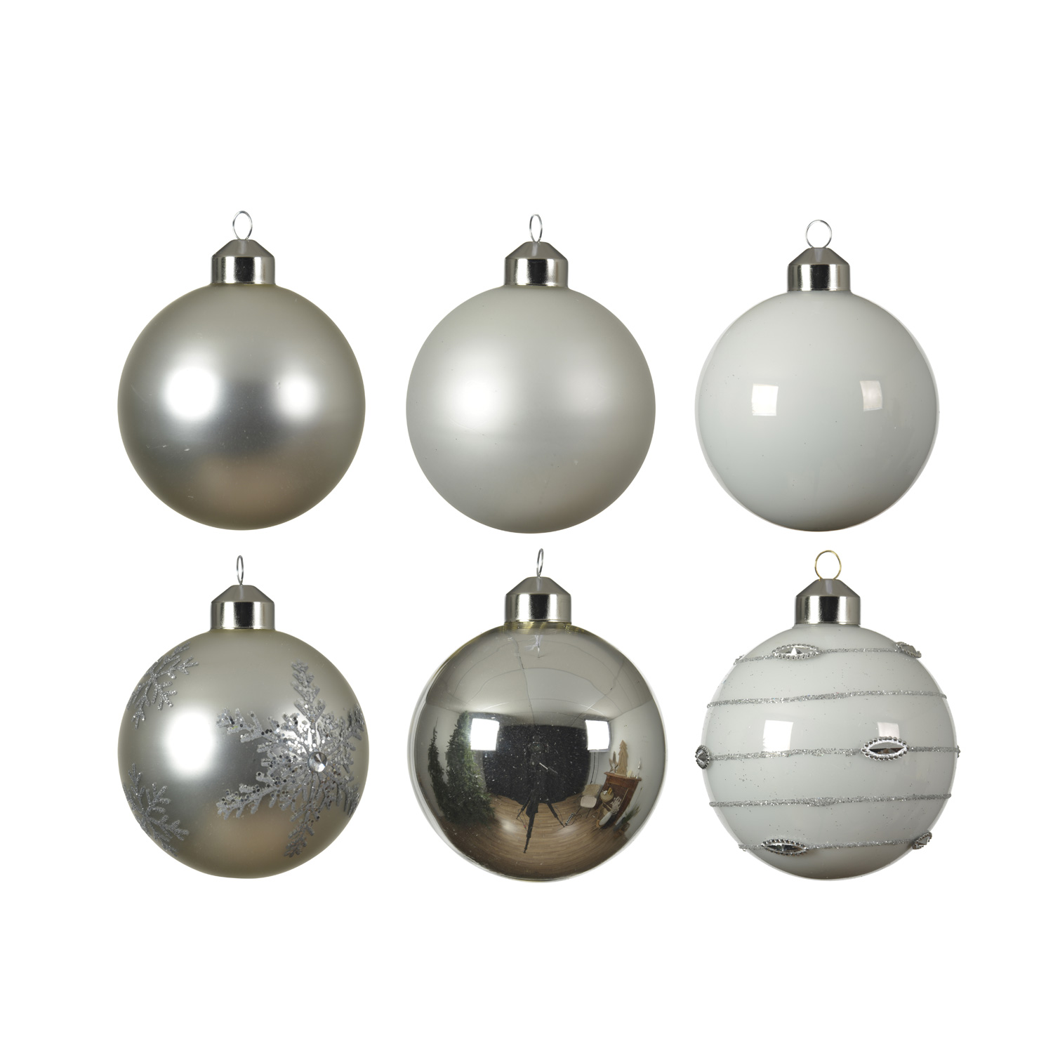 Christbaumkugel - Weihnachtsbaumkugel - Glas - D: 8cm - glänzend und matt - silber, weiß - 6er Set