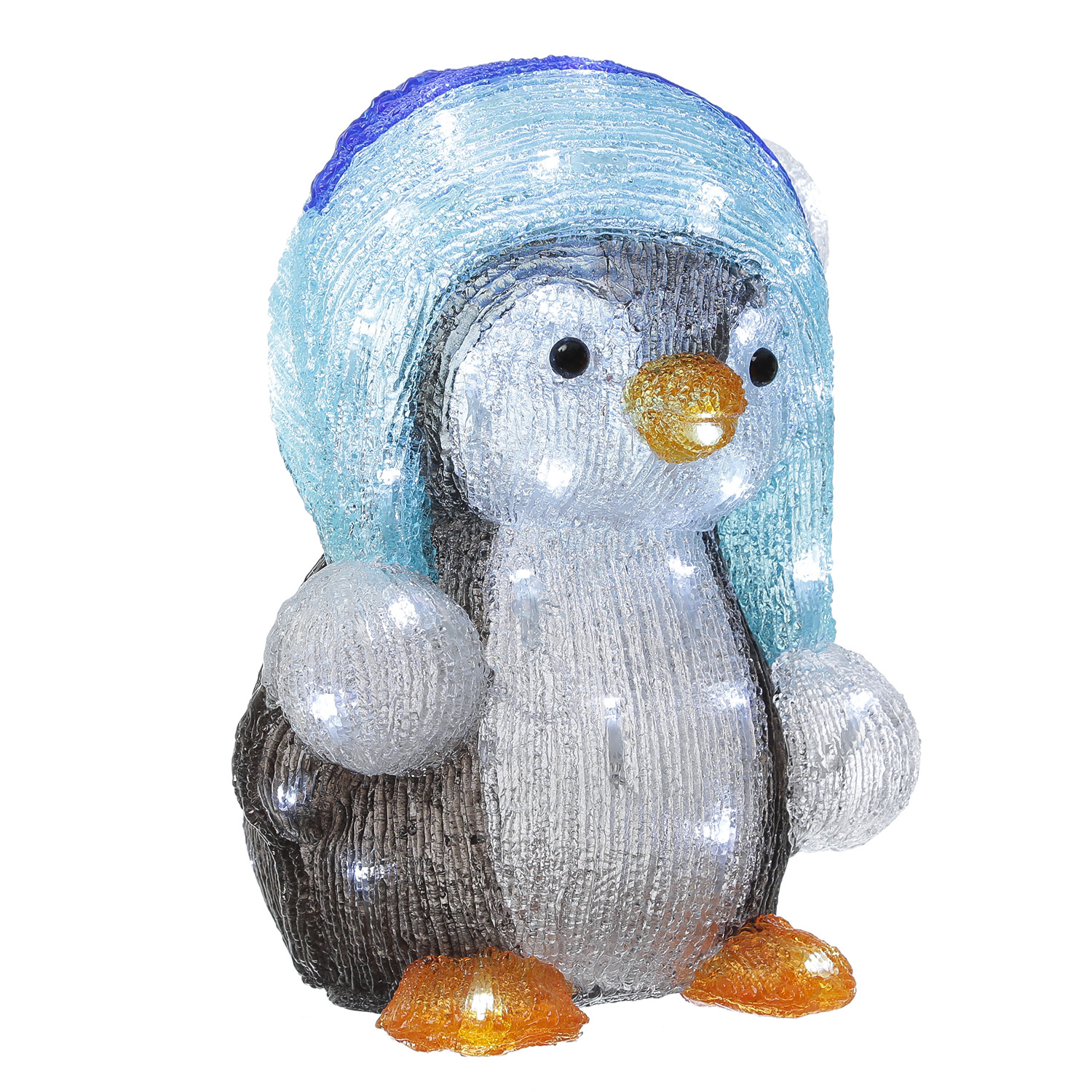 LED Pinguin mit Bommelmütze - Acrylfigur - 60 kaltweiße LED - H: 33cm - Timer - Außentrafo