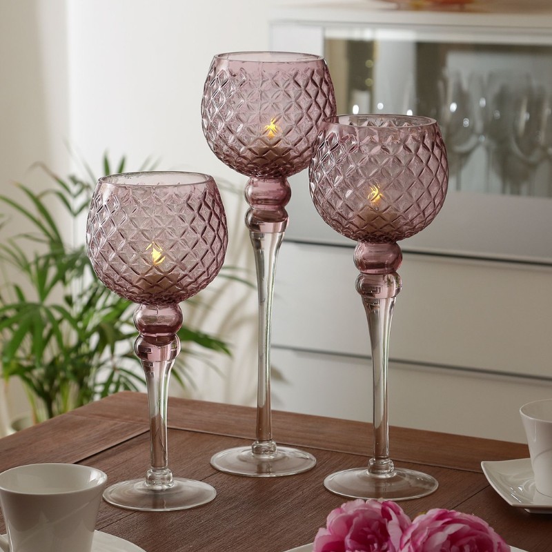 Drei Kerzenhalter als Set in Rosa mit LED Licht